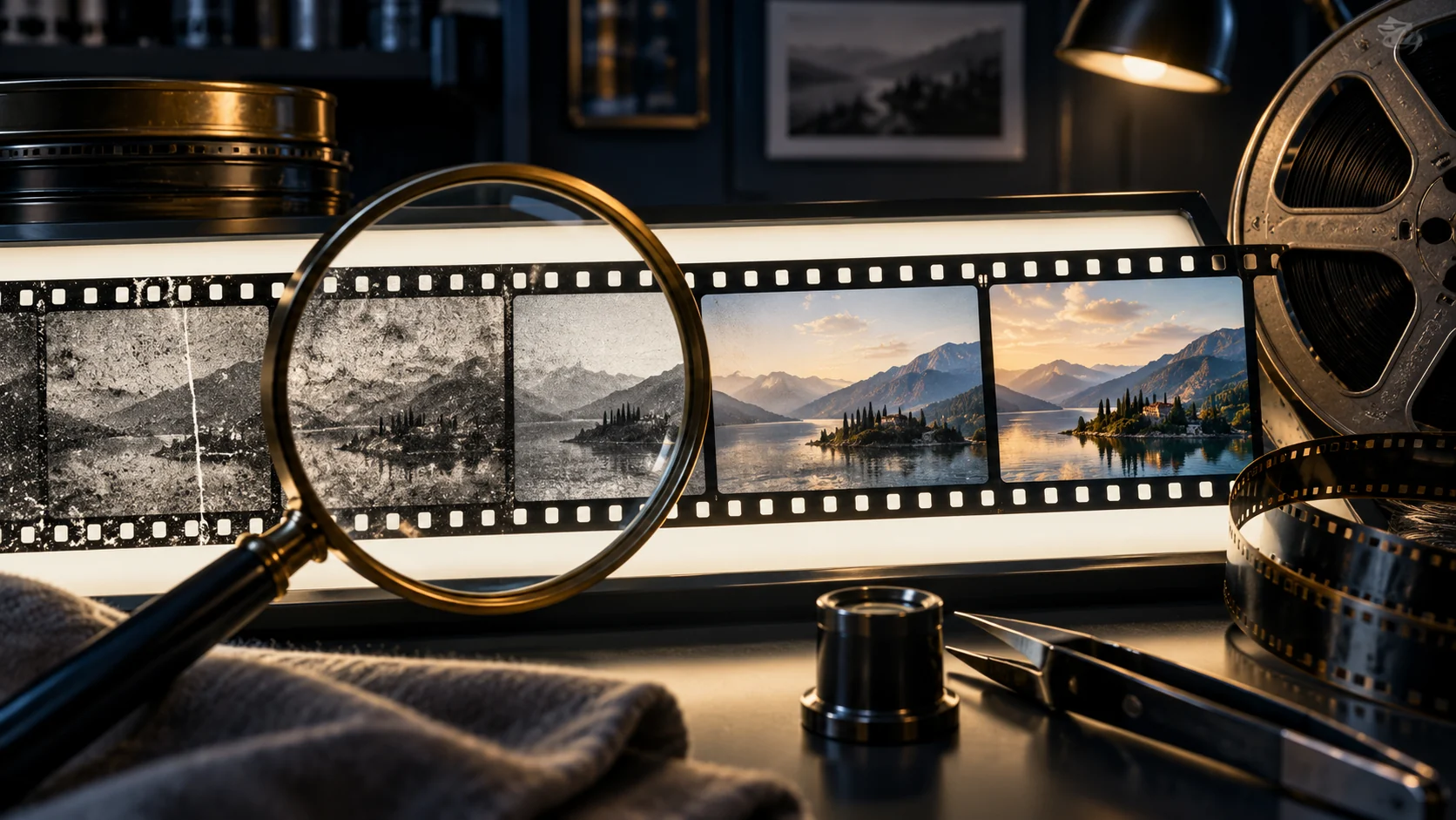 Film şeridi üzerindeki manzaranın grenli ve net bölümlerini gösteren büyüteç ve kurgu masasındaki film makarası.