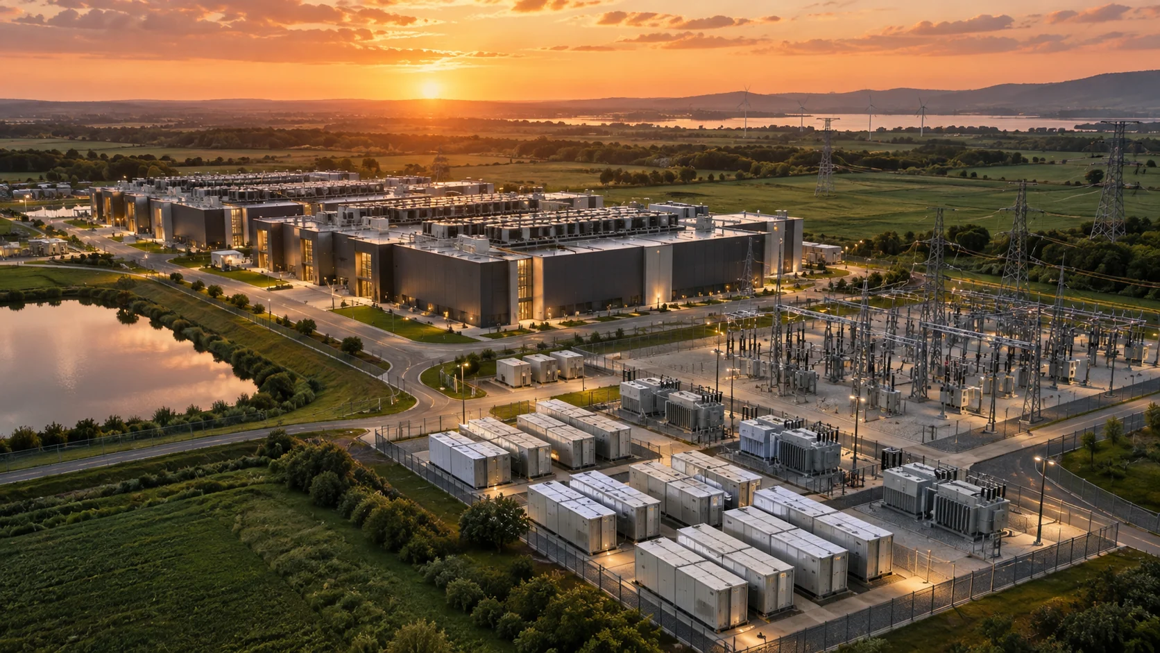 Yapay zekâ ile üretilmiş temsili görsel: Gün batımında veri merkezi, elektrik trafo sahası ve enerji depolama kabinlerinin havadan görünümü.