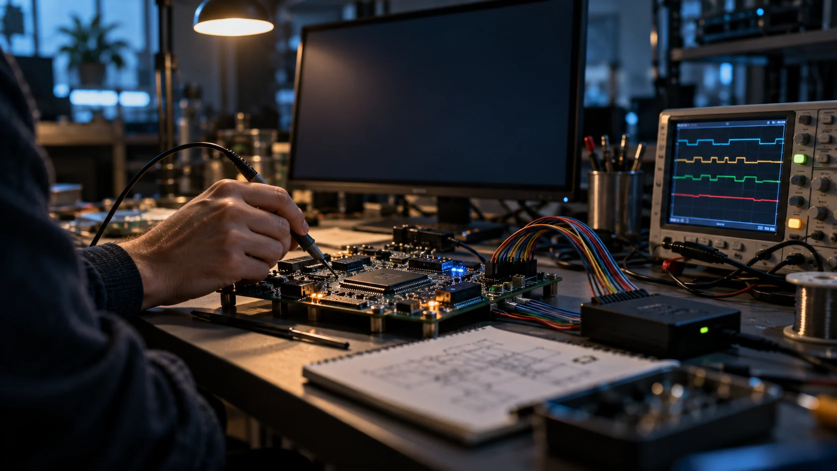 Yapay zekâ ile üretilmiş temsili görsel: Mühendislik masasında FPGA kartına prob bağlayan kişi, kablolar ve mantık analiz cihazı.