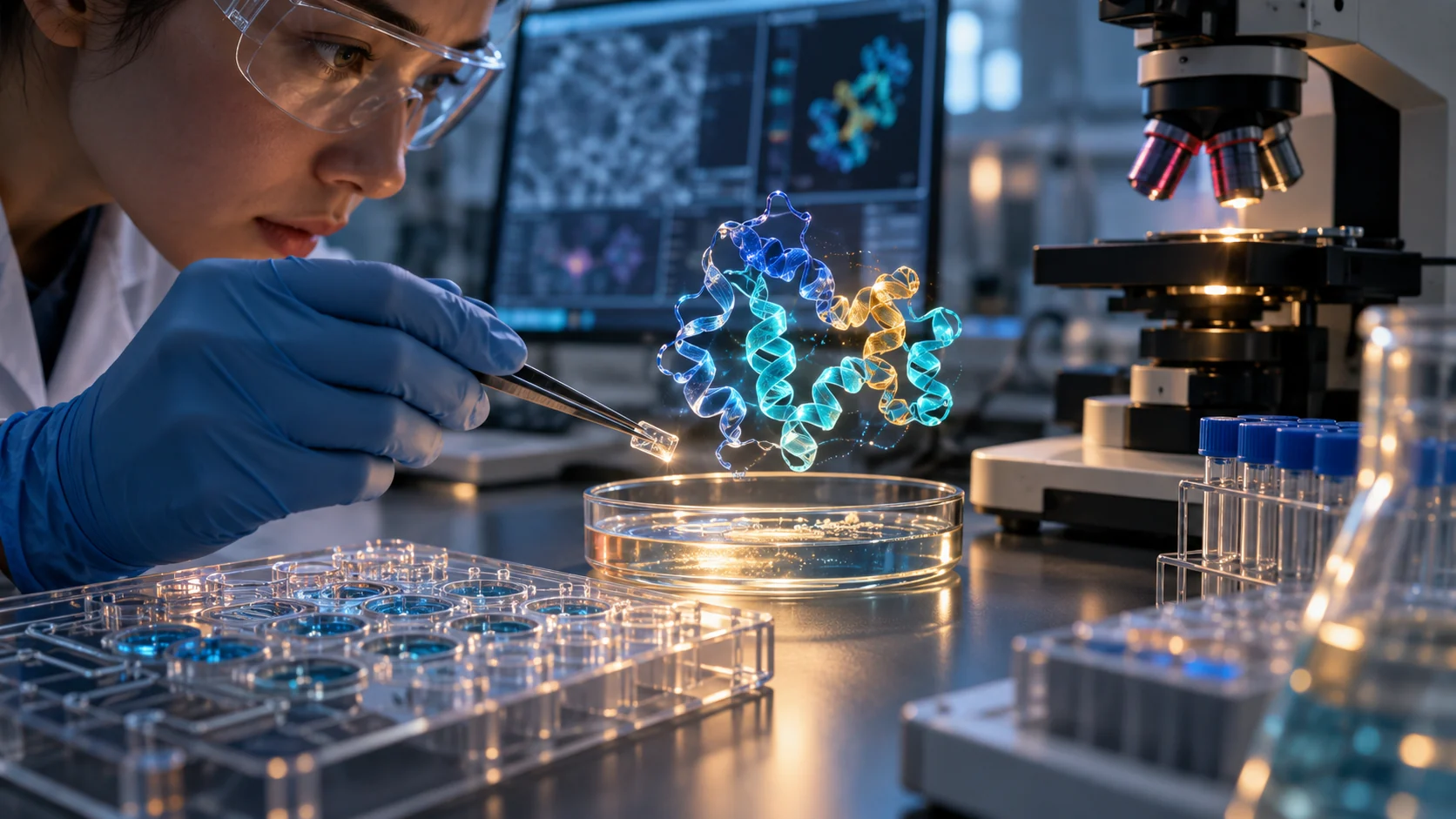 Petri kabındaki protein modelini inceleyen araştırmacıyla AI destekli enzim araştırmasını anlatan kavramsal laboratuvar görseli.