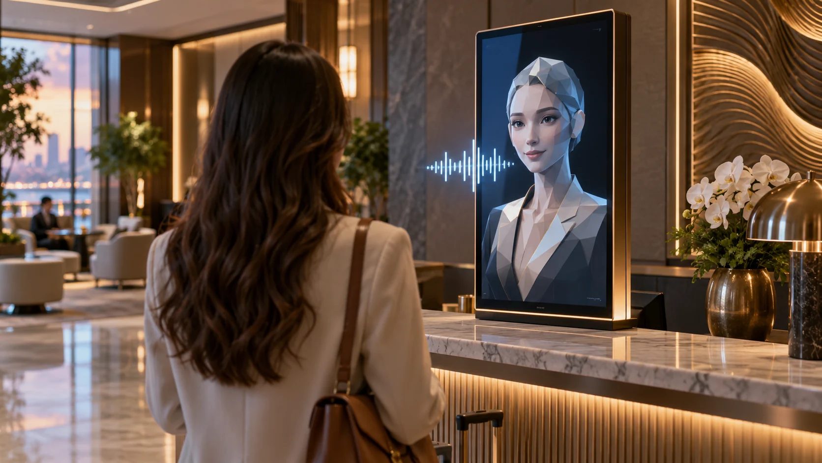 Sentetik çokgen yüzün görüntülü ekranını kullanan kişiyle AI avatar görüşmesini anlatan yapay zekâ üretimi görsel.