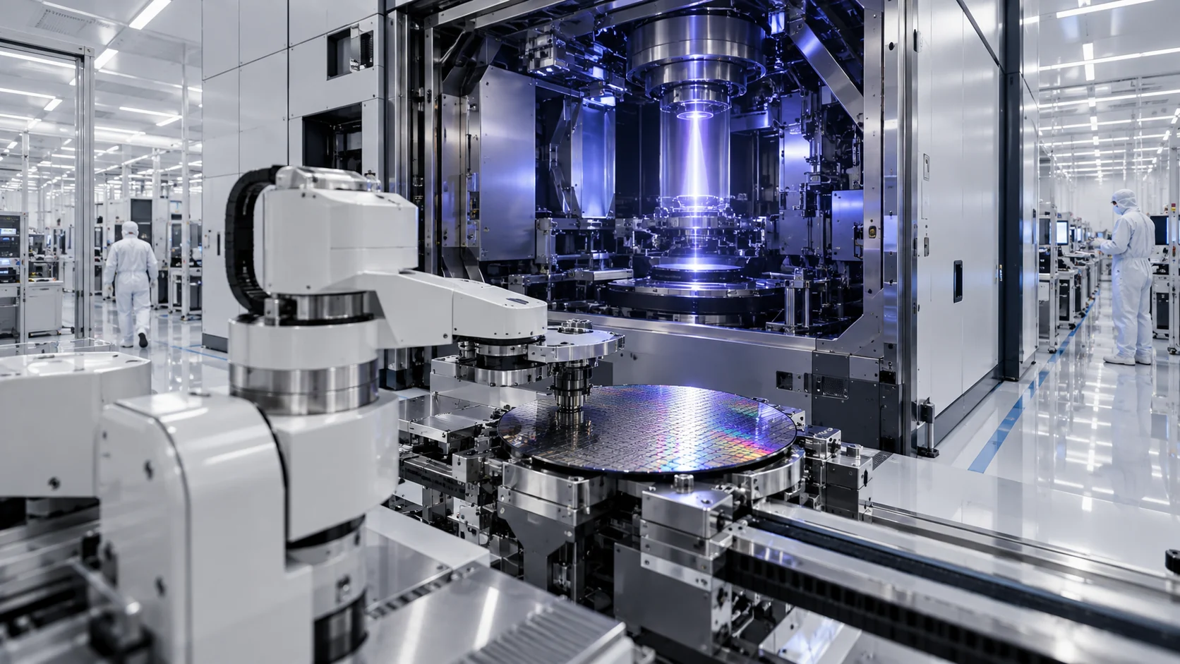 Yapay zekâ ile üretilmiş temsili görsel: Temiz odada wafer taşıyıcı robot ve mavi ışıklı büyük yarı iletken üretim cihazı.