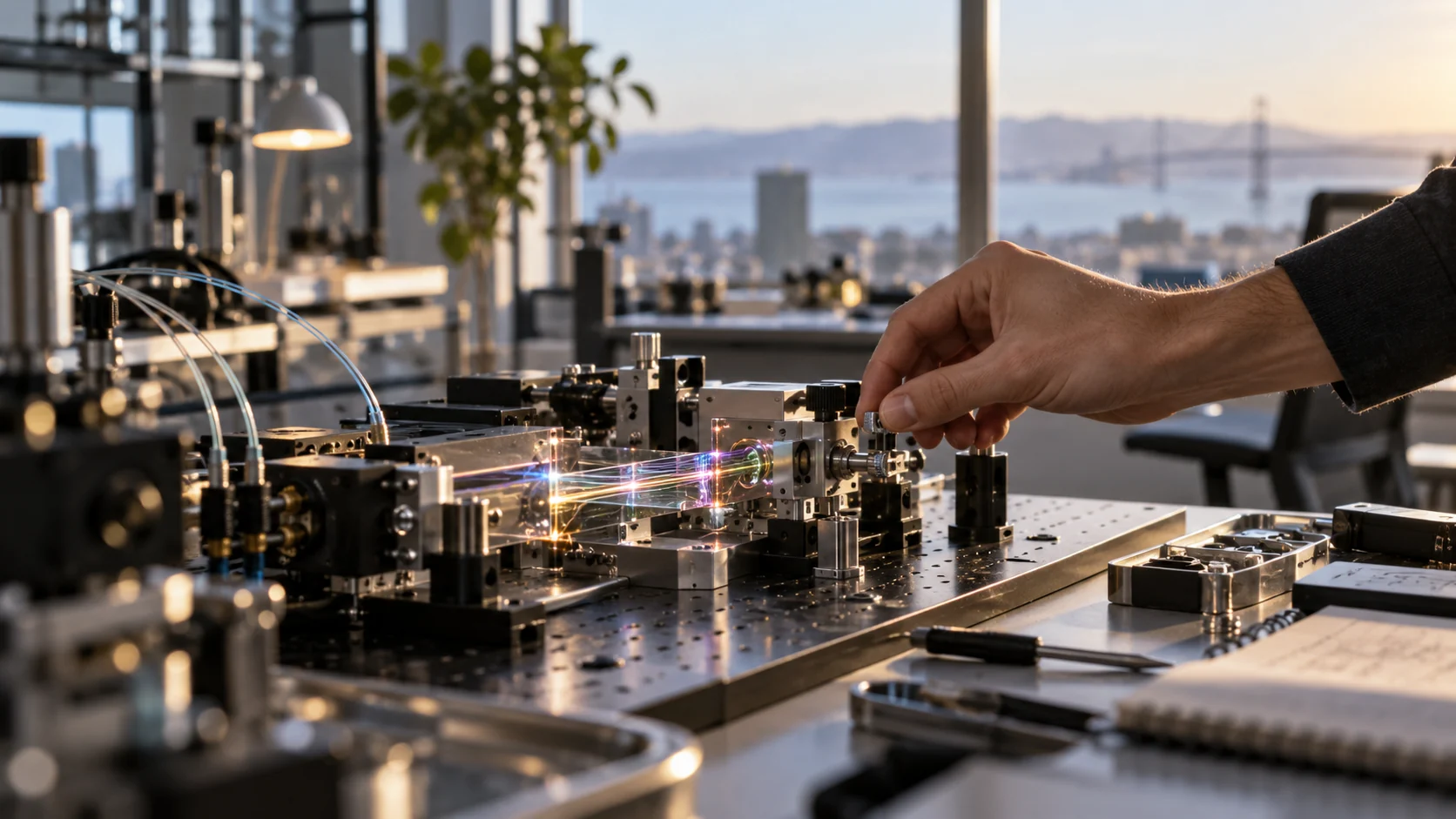 Yapay zekâ ile üretilmiş temsili görsel: Pencereli teknoloji laboratuvarında optik prototipin küçük bileşenini ayarlayan bir el.
