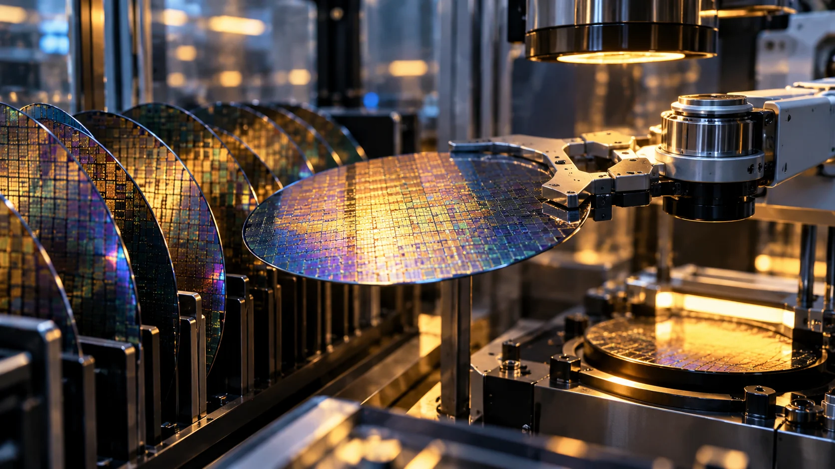 Yapay zekâ ile üretilmiş temsili görsel: Robot taşıyıcının çevresinde sıralanan, ışığı yansıtan renkli silikon wafer’lar.